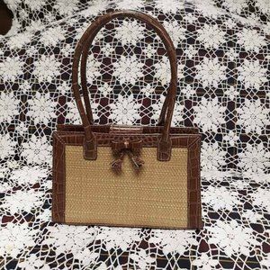 Liz Claiborne Womens Satchel Handbag Brown Straw Crocodile Embossed Pocket Small
